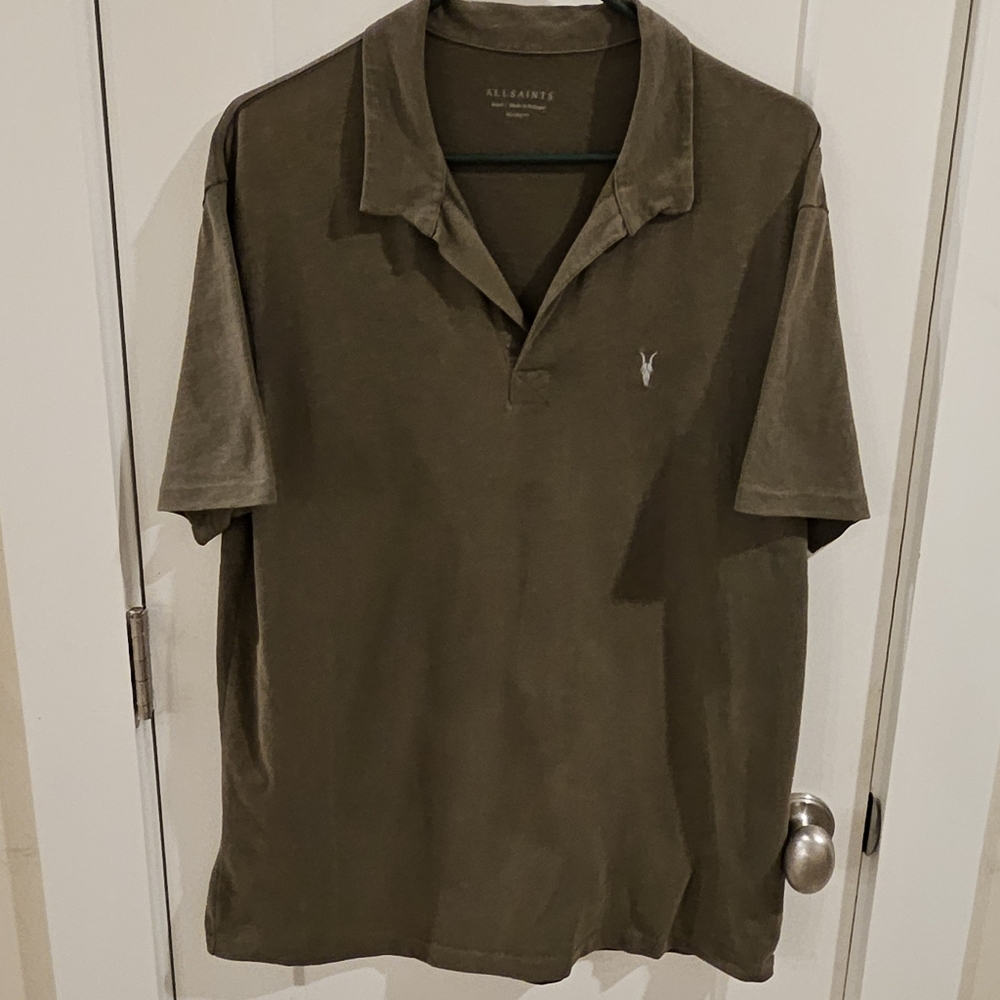 Allsaints Ryker Short-Sleeve Polo Shirt - Olive Green Open Collar - Size Small
